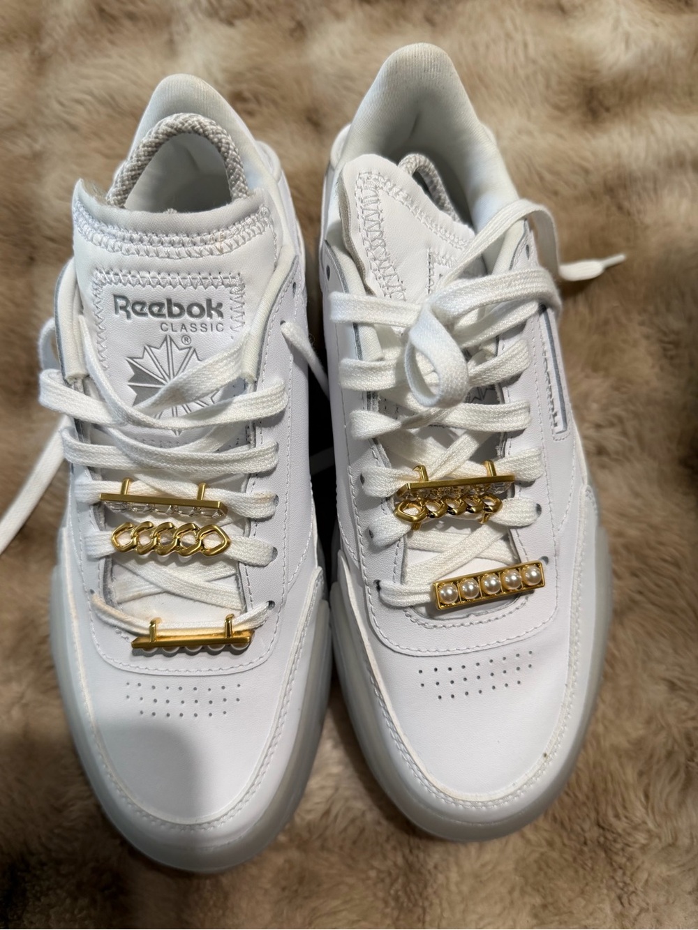Reebok White Women’s Sneakers with Gold Lace Charms